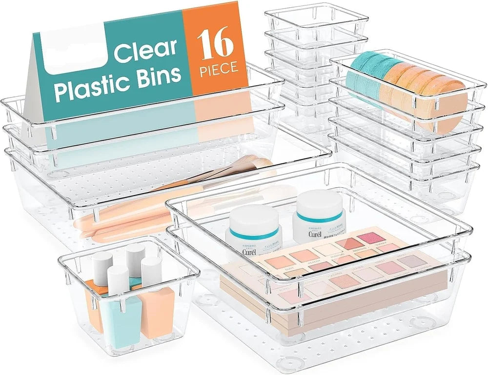 Clear Plastic Drawer Divider Organizer 25-Piece Set | Modular Storage Trays for Kitchen, Bathroom, Makeup, Office & Vanity Drawers | BPA-Free Transparent Drawer Organiser