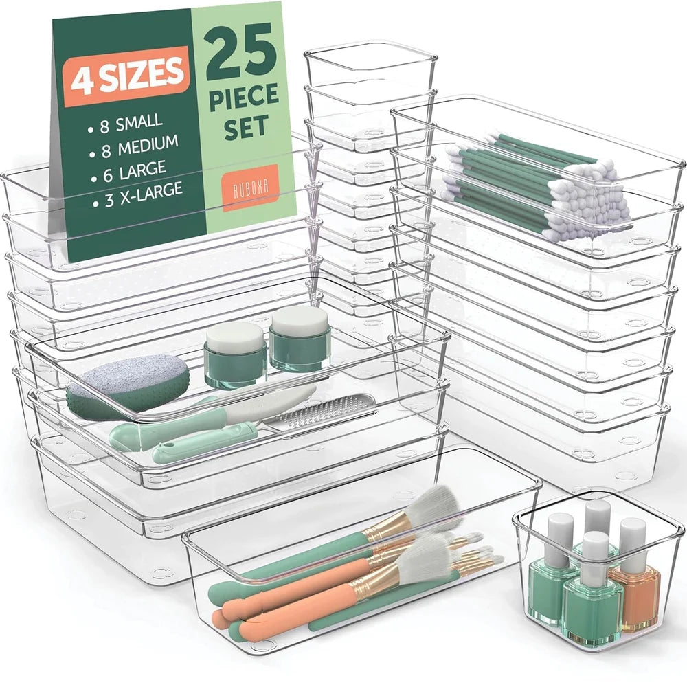 Clear Plastic Drawer Divider Organizer 25-Piece Set | Modular Storage Trays for Kitchen, Bathroom, Makeup, Office & Vanity Drawers | BPA-Free Transparent Drawer Organiser